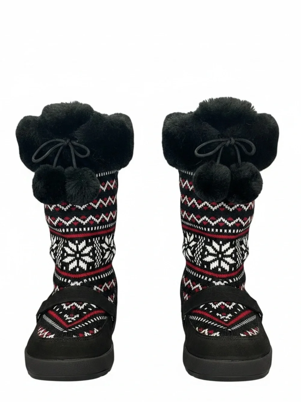 Hillard Hanson Fair Isle Pom Pom Snowflake Boots Size 9 Black Wedge